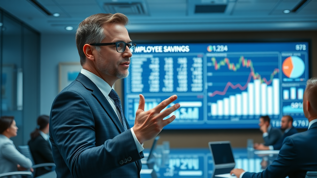 Insightful financial analyst presenting employee benefits trends data