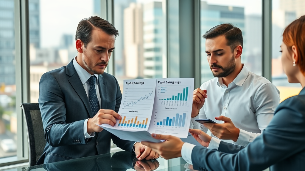 Business professionals reviewing payroll tax savings charts for the Essentials Health Plan