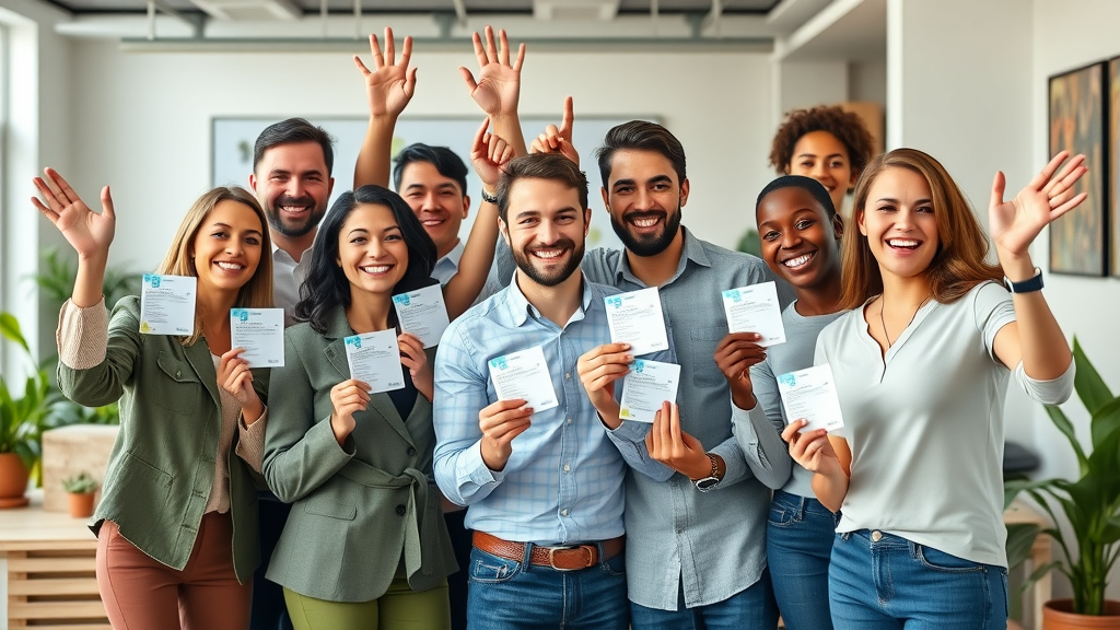 Employees celebrating teamwork and benefits satisfaction from the Essentials Health Plan