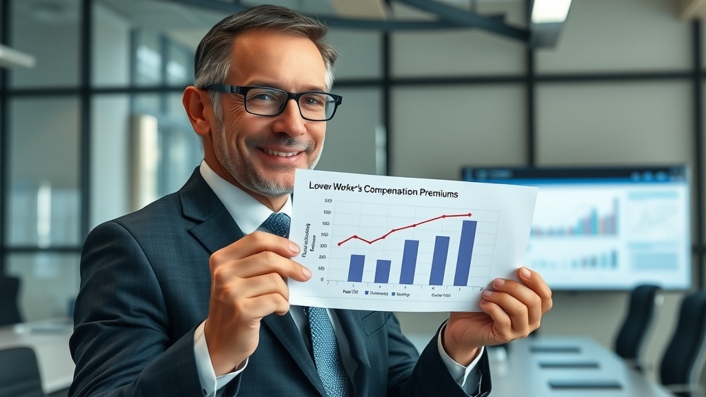 Business leader holding chart comparing workers’ compensation premiums impacted by payroll tax savings