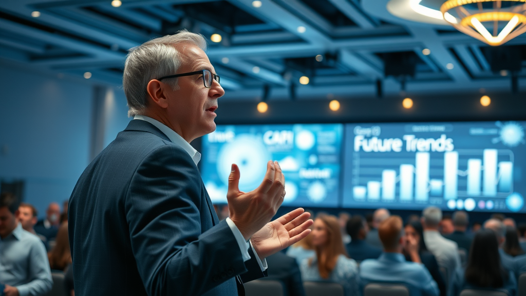 Visionary CEO discussing future employee benefits trends at conference
