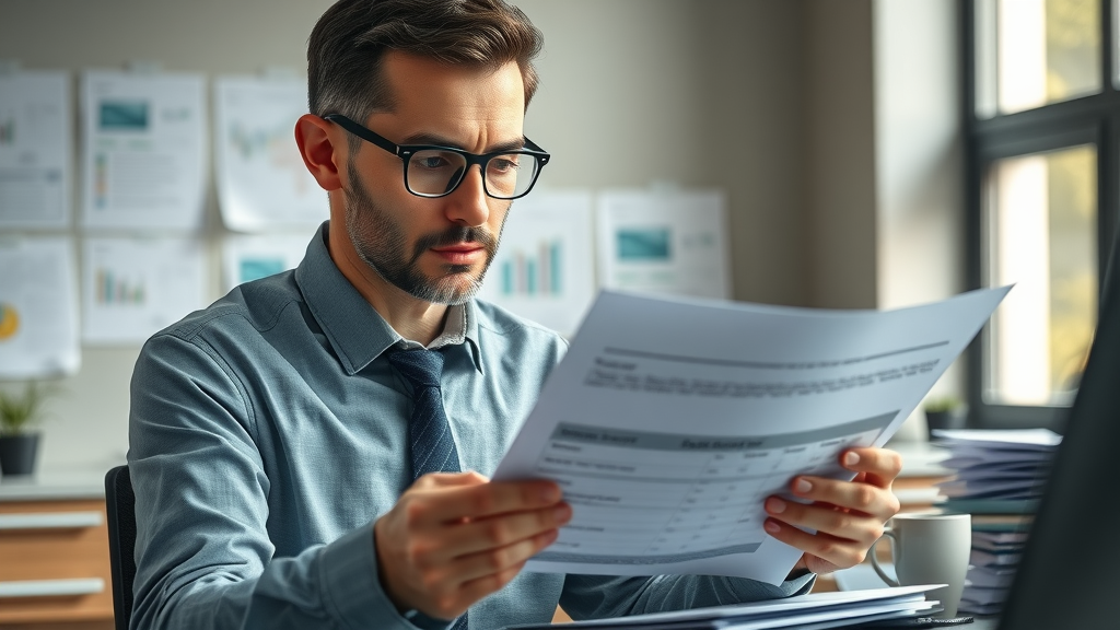 Compliance officer carefully reviewing employment tax documents for payroll tax savings program