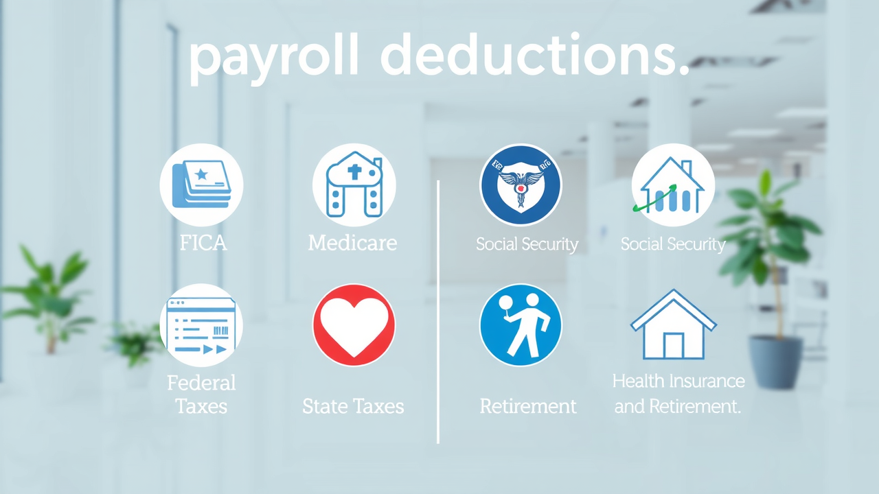 Infographic showing payroll tax deductions including FICA, federal taxes, and employee benefits