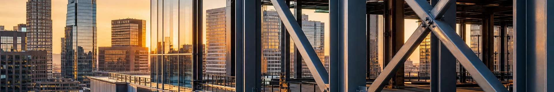 Structural steel cross-bracing and downtown buildings at sunrise