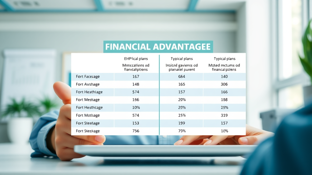 Comparison table demonstrating payroll tax savings and employee benefits between Essentials Health Plan and typical health plans