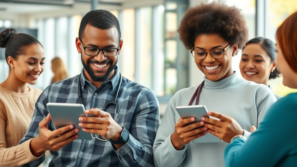 Diverse employees happily using telehealth services and wellness programs, demonstrating payroll tax savings benefits